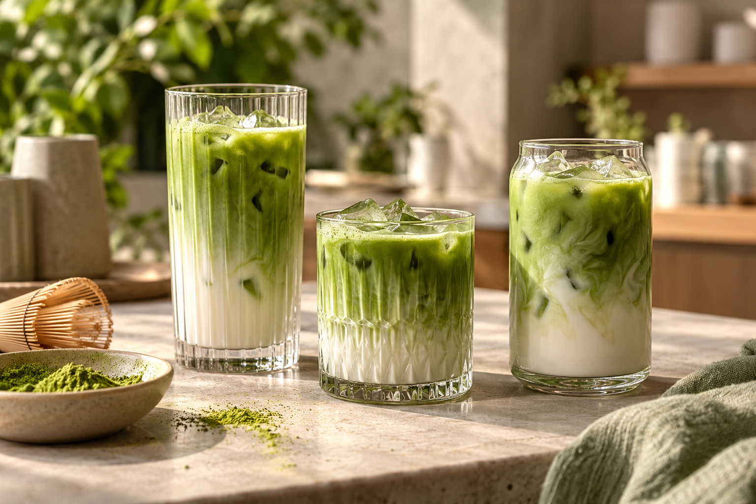 Tri ľadové matcha latte pri pulte